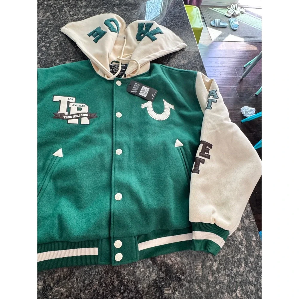 True Religion Retro Wool Varsity Jacket‎ Evergreen Winter White XXL 109636 NEW